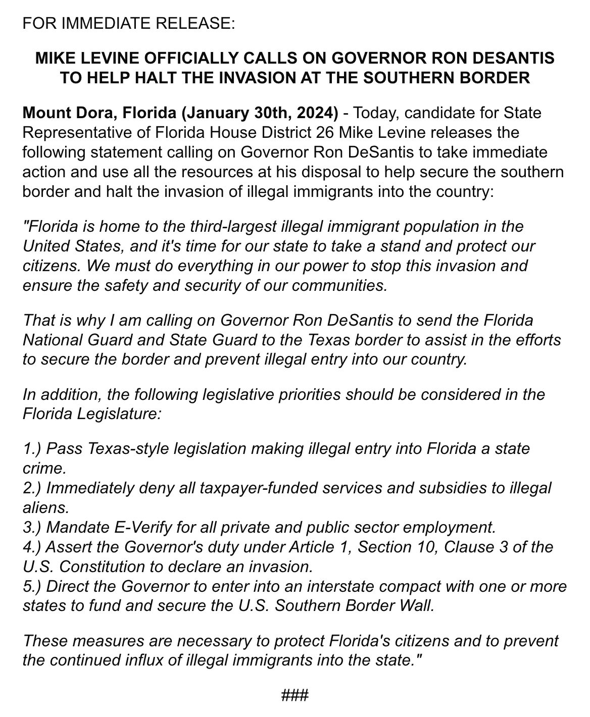 Mike Levine Calls On Governor DeSantis To Help Halt The Invasion At The Southern Border