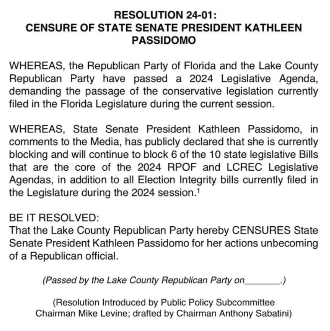 Lake County Republican Party Censures State Senate President Kathleen Passidomo